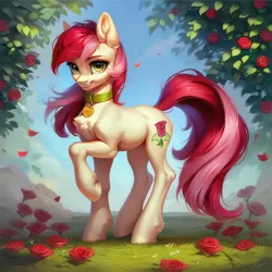 Size: 1024x1024 | Tagged: safe, ai content, derpibooru import, machine learning generated, prompter:doom9454, stable diffusion, roseluck, pony, collar, cute, flower, fluffy, generator:pony diffusion v6 xl, image, pet tag, png, pony pet, rose, rosepet, standing