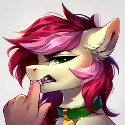 Size: 1024x1024 | Tagged: safe, ai content, derpibooru import, machine learning generated, prompter:doom9454, stable diffusion, roseluck, pony, angry, behaving like a cat, bust, collar, fangs, fluffy, generator:pony diffusion v6 xl, hand, image, jpeg, offscreen character, offscreen human, pet tag, pony pet, portrait, rosepet