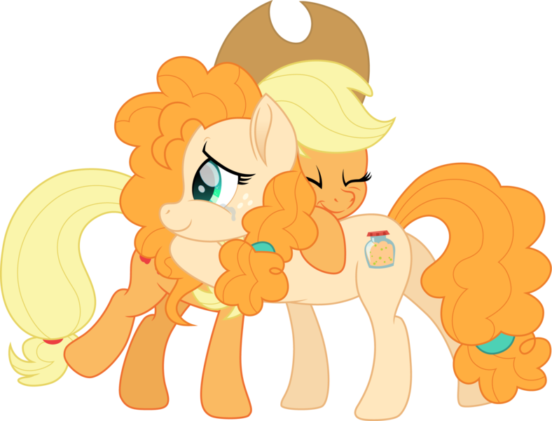 Size: 2101x1600 | Tagged: safe, artist:cloudy glow, derpibooru import, applejack, pear butter, earth pony, pony, applejack's hat, cowboy hat, crying, cute, eyes closed, female, g4, hat, hug, image, jackabetes, mare, mother and child, mother and daughter, pearabetes, png, simple background, smiling, tears of joy, transparent background