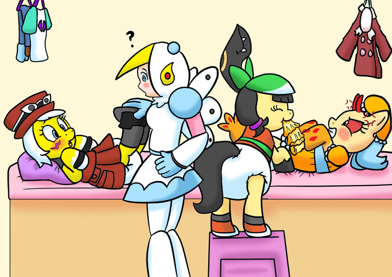 Size: 1248x883 | Tagged: questionable, artist:artiecanvas, derpibooru import, oc, oc:mawliepony, oc:milotipony, oc:renapony, unofficial characters only, human, mawile, milotic, renamon, adult foal, diaper, diaper fetish, digimon, fetish, image, may (pokémon), non-baby in diaper, png, pokémon, poofy diaper