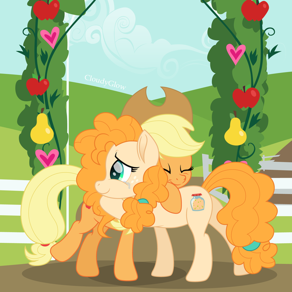 Size: 1600x1600 | Tagged: safe, artist:cloudy glow, derpibooru import, applejack, pear butter, earth pony, pony, apple, applejack's hat, cowboy hat, crying, cute, eyes closed, female, food, g4, hat, hug, image, jackabetes, mare, mother and child, mother and daughter, pear, png, smiling, sweet apple acres, tears of joy