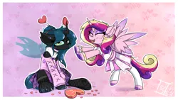 Size: 3840x2160 | Tagged: safe, artist:jubyskylines, derpibooru import, princess cadance, queen chrysalis, alicorn, changeling, changeling queen, pony, cute, cutealis, cutedance, duo, female, g4, holiday, image, png, valentine's day