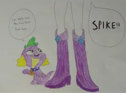 Size: 3969x2930 | Tagged: safe, anonymous artist, derpibooru import, rarity, spike, dog, human, equestria girls, colored, eyes on the prize, female, g4, image, jpeg, legs, male, pervert, pictures of legs, shipping, shipping fuel, sparity, speech bubble, straight, traditional art