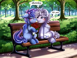 Size: 3139x2370 | Tagged: safe, artist:pridark, derpibooru import, oc, pony, bench, blushing, cute, female, filly, flower, foal, holding, holiday, image, nuzzling, park bench, png, rose, valentine's day