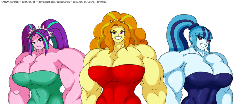 Size: 3715x1593 | Tagged: suggestive, artist:pandatarius, derpibooru import, adagio dazzle, aria blaze, sonata dusk, human, equestria girls, acardio dazzle, aria buff, biceps, big breasts, breasts, buff breasts, busty adagio dazzle, busty aria blaze, busty dazzlings, busty sonata dusk, cleavage, clothes, commission, deltoids, dress, eye clipping through hair, eyebrows, eyebrows visible through hair, female, frown, g4, grin, high res, huge breasts, image, muscles, muscular female, overdeveloped muscles, pecs, png, simple background, smiling, swolenata dusk, the dazzlings, trio, trio female, white background
