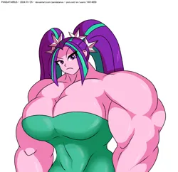Size: 1280x1241 | Tagged: suggestive, alternate version, artist:pandatarius, derpibooru import, aria blaze, human, equestria girls, aria buff, biceps, big breasts, breasts, buff breasts, busty aria blaze, cleavage, clothes, commission, deltoids, dress, eye clipping through hair, female, frown, g4, high res, huge breasts, image, muscles, muscular female, overdeveloped muscles, pecs, png, simple background, solo, solo female, white background