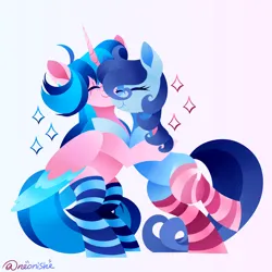 Size: 3000x3000 | Tagged: safe, artist:neonishe, derpibooru import, oc, oc:neon star, oc:raylanda, unofficial characters only, alicorn, earth pony, clothes, cute, hug, image, png, socks, stockings, striped socks, thigh highs