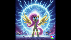 Size: 1280x720 | Tagged: safe, ai content, derpibooru import, machine learning generated, fluttershy, animated, energy blast, generator:dall-e 3, image, ponyville, spread wings, webm, wings, xk-class end-of-the-world scenario