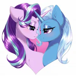 Size: 2048x2048 | Tagged: safe, artist:e-boi, derpibooru import, starlight glimmer, trixie, pony, unicorn, blue mane, blushing, chest fluff, cute, digital art, duo, duo female, ear fluff, eye clipping through hair, eyelashes, eyeshadow, female, g4, heart, heart eyes, high res, horn, image, jpeg, lesbian, lidded eyes, looking at each other, looking at someone, makeup, mare, outline, pink eyes, purple eyes, purple mane, shipping, signature, simple background, smiling, smiling at each other, startrix, white background, wingding eyes