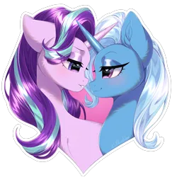 Size: 2700x2700 | Tagged: safe, artist:e-boi, derpibooru import, starlight glimmer, trixie, pony, unicorn, blue mane, blushing, chest fluff, cute, digital art, duo, duo female, ear fluff, eye clipping through hair, eyelashes, eyeshadow, female, g4, heart, heart eyes, high res, horn, image, lesbian, lidded eyes, looking at each other, looking at someone, makeup, mare, outline, pink eyes, png, purple eyes, purple mane, shipping, signature, simple background, smiling, smiling at each other, startrix, transparent background, white outline, wingding eyes