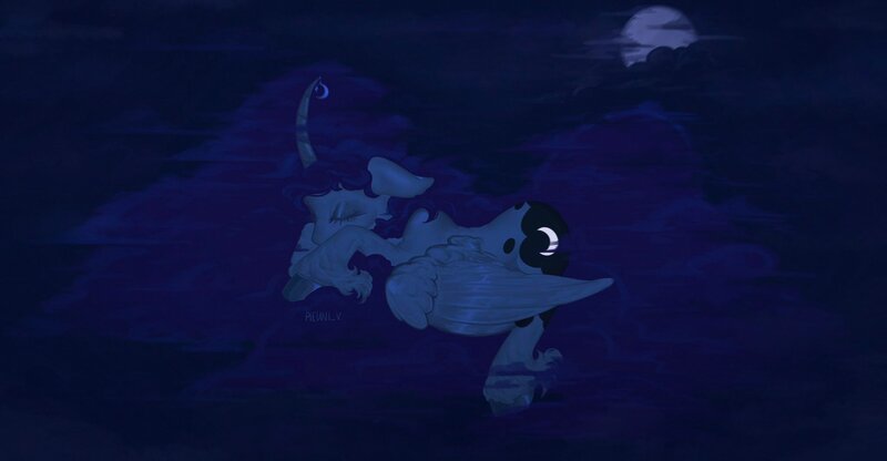 Size: 2048x1066 | Tagged: safe, artist:pleuni, derpibooru import, princess luna, alicorn, pony, cloud, curved horn, eyes closed, female, horn, horn jewelry, image, jewelry, jpeg, mare, moon, night, on a cloud, sleeping, solo, unshorn fetlocks, wing fluff, wings