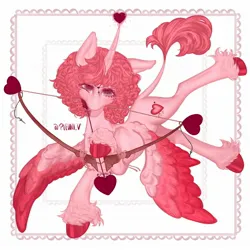 Size: 2048x2048 | Tagged: safe, artist:pleuni, derpibooru import, oc, unofficial characters only, alicorn, pony, alicorn oc, arrow, bow, cupid, curved horn, female, flying, headdress, heart, heart arrow, heart eyes, horn, image, jpeg, leonine tail, mare, mouth hold, multicolored hair, tail, unshorn fetlocks, wingding eyes, wings
