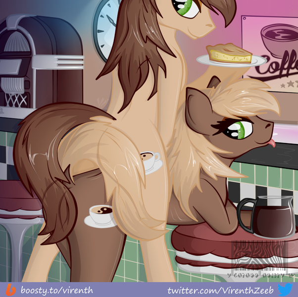 Size: 1000x997 | Tagged: suggestive, artist:virenth, derpibooru import, oc, unofficial characters only, earth pony, fallout equestria, apple, apple pie, bar stool, cafeteria, coffee, coffee pot, espresso, female, food, image, implied incest, jukebox, latte, lesbian, looking at you, pie, png, presenting, raised tail, siblings, strategically covered, tail, tongue out, twins