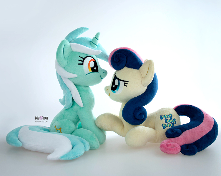 Size: 1600x1279 | Tagged: safe, artist:meplushyou, derpibooru import, bon bon, lyra heartstrings, sweetie drops, earth pony, pony, unicorn, duo, female, image, irl, jpeg, lesbian, looking at each other, looking at someone, lyrabon, photo, plushie, shipping, sitting, smiling