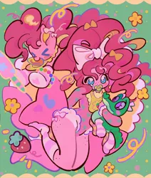 Size: 1734x2048 | Tagged: safe, artist:yanyannonoz, derpibooru import, gummy, pinkie pie, alligator, earth pony, pony, equestria girls, abstract background, bib, boots, bow, bracelet, clothes, female, hair bow, image, jewelry, jpeg, mare, mouth hold, pacifier, self paradox, self ponidox, shoes, socks, striped socks
