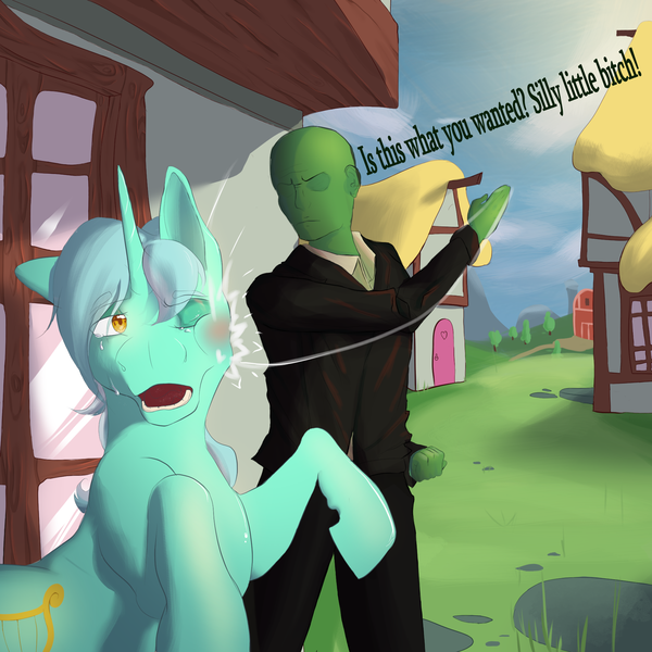 Size: 1920x1920 | Tagged: semi-grimdark, artist:dvfrost, derpibooru import, lyra heartstrings, oc, oc:anon, human, pony, unicorn, abuse, abusive human, barn, bitch slap, bruised, building, clenched fist, clothes, cloud, commission, crying, door, duo, duo male and female, female, g4, grass, hand, heart, house, image, lyrabuse, male, mare, mountain, open mouth, ouch, pain, pants, png, ponyville, shirt, shirt with a collar, sky, slap, slapping, suit, tears of pain, teary eyes, town, tree, violence, window, yelling