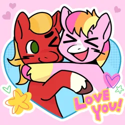Size: 2048x2048 | Tagged: safe, artist:daisy_marshmallow, derpibooru import, sprout cloverleaf, oc, oc:malarkey, pony, g5, blushing, commission, duo, holiday, hug, image, png, shipping, smiling, valentine's day, xd, ych result, your character here