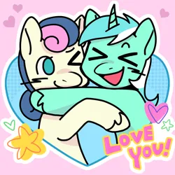 Size: 2048x2048 | Tagged: safe, artist:daisy_marshmallow, derpibooru import, bon bon, lyra heartstrings, sweetie drops, pony, blushing, commission, duo, holiday, hug, image, png, shipping, smiling, valentine's day, xd, ych result