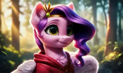 Size: 5120x3072 | Tagged: safe, ai content, derpibooru import, machine learning generated, prompter:kluknawa235, stable diffusion, pipp petals, g5, chest fluff, clothes, crown, ear fluff, generator:pony diffusion v6 xl, generator:purplesmart.ai, hoodie, image, jewelry, jpeg, regalia, smiling, tree, wings