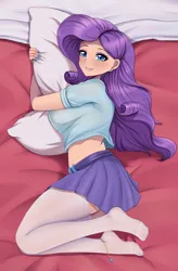 Size: 2244x3425 | Tagged: safe, artist:focusb, derpibooru import, rarity, human, anklet, bed, clothes, ear piercing, earring, g4, hug, image, jewelry, jpeg, laying on bed, looking at you, lying down, midriff, on bed, piercing, pillow, pillow hug, shirt, side, skirt, socks, stockings, thigh highs