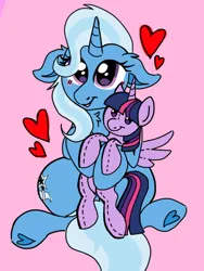 Size: 1170x1558 | Tagged: safe, artist:neongin, derpibooru import, trixie, twilight sparkle, original species, plush pony, pony, unicorn, beady eyes, chest fluff, cuddling, cute, ear fluff, female, g4, heart, hearts and hooves day, holiday, hooves, hug, image, jpeg, lesbian, plushie, ship:twixie, shipping, solo, valentine's day