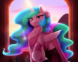 Size: 2500x2000 | Tagged: safe, artist:thebatfang, derpibooru import, princess celestia, alicorn, pony, backlighting, balcony, clothes, dress, female, flower, flower in hair, hand, holiday, hoof hold, image, jewelry, levitation, looking at you, magic, mare, multicolored hair, necklace, offscreen character, png, pov, smiling, smiling at you, socks, solo focus, stockings, sunset, telekinesis, thigh highs, valentine's day