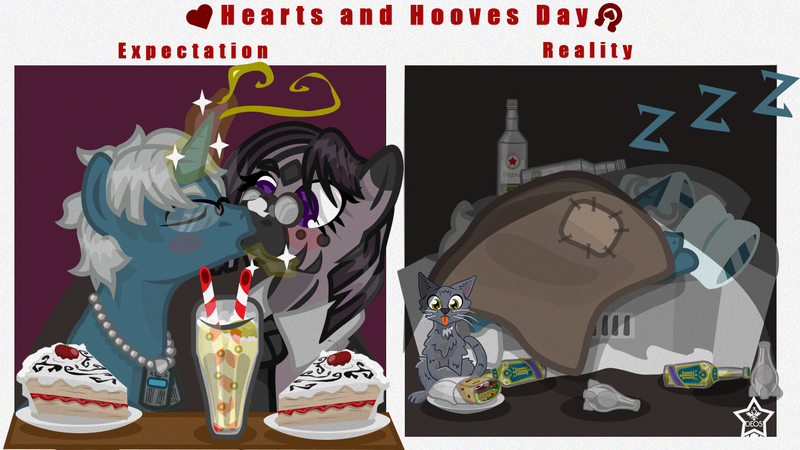 Size: 1332x750 | Tagged: safe, artist:devorierdeos, derpibooru import, oc, oc:brush light, oc:striscia di inchiostro, cat, pony, unicorn, zebra, fallout equestria, alcohol, beer, blanket, blushing, cake, couch, date night, expectation vs reality, food, glasses, glow, glowing horn, hearts and hooves day, horn, image, kissing, lonely, meme, png, shawarma, sleeping, vodka