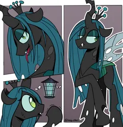 Size: 2233x2312 | Tagged: safe, artist:icey, derpibooru import, queen chrysalis, changeling, changeling queen, bug zapper, bugs doing bug things, fangs, female, image, lamp, png, tongue out