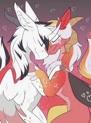 Size: 958x1290 | Tagged: safe, artist:beardie, derpibooru import, oc, oc:season's greetings, oc:yiazmat, unofficial characters only, draconequus, unicorn, chest fluff, couple, draconequus oc, ear fluff, embrace, feathered wings, female, gradient background, heart, holding, holiday, horn, horns, image, love, male, oc x oc, png, shipping, unicorn oc, valentine's day, wings