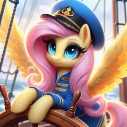 Size: 1024x1024 | Tagged: safe, ai content, machine learning generated, ponerpics import, ponybooru import, fluttershy, pegasus, pony, bing, clothes, female, hat, image, jpeg, leaning, leaning forward, looking at you, mare, rearing, sailing, solo, spread wings, uniform, water, wheel, wings