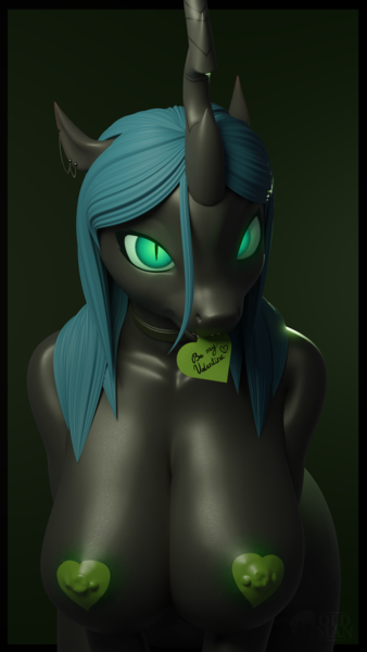 Size: 2160x3840 | Tagged: questionable, artist:oldman, derpibooru import, queen chrysalis, anthro, 3d, 4k, bend over, big breasts, blender, breast squish, breasts, choker, cute, erect nipples, green nipples, heart, high res, holiday, image, looking at you, mouth hold, nipple outline, nipple piercing, nipples, nudity, pasties, piercing, png, simple background, solo, valentine's day