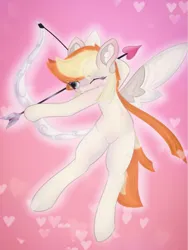 Size: 1301x1731 | Tagged: safe, artist:sodapop sprays, derpibooru import, oc, oc:sodapop sprays, pegasus, pony, semi-anthro, blushing, bow (weapon), chest fluff, cupid, ear fluff, flying, freckles, image, pigtails, png, solo, squint, twintails