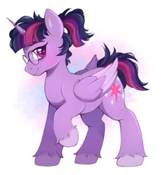 Size: 1814x1927 | Tagged: safe, artist:adostume, derpibooru import, twilight sparkle, twilight sparkle (alicorn), alicorn, bags under eyes, cute, cutie mark, digital art, female, fluffy, folded wings, glasses, hooves, horn, image, messy hair, messy mane, png, ponytail, raised hoof, redesign, short tail, solo, standing, tail, wings