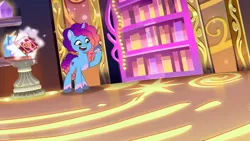 Size: 3072x1727 | Tagged: safe, derpibooru import, screencap, pony, unicorn, g5, my little pony: tell your tale, spoiler:g5, spoiler:my little pony: tell your tale, spoiler:tyts02e05, book, female, image, jpeg, mare, misty brightdawn, misty-rious new room, open mouth, open smile, rebirth misty, smiling, solo