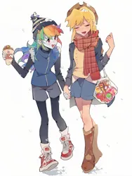 Size: 3000x4000 | Tagged: safe, artist:xinjinjumin3316237, derpibooru import, applejack, rainbow dash, human, equestria girls, appledash, boots, clothes, duo, duo female, female, hat, holding hands, humanized, image, lesbian, pants, png, scarf, shipping, shoes