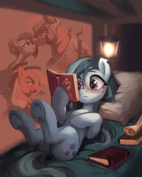 Size: 1730x2160 | Tagged: safe, artist:jewellier, derpibooru import, big macintosh, marble pie, earth pony, pony, bed, blushing, book, daydream, female, g4, image, lying down, male, marblemac, mare, png, reading, scroll, shipping, stallion, straight, underhoof
