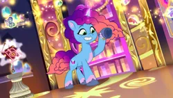 Size: 3072x1727 | Tagged: safe, derpibooru import, screencap, butterfly, insect, pony, unicorn, g5, my little pony: tell your tale, spoiler:g5, spoiler:my little pony: tell your tale, spoiler:tyts02e05, book, female, grin, image, jpeg, mare, misty brightdawn, misty-rious new room, rebirth misty, smiling, solo