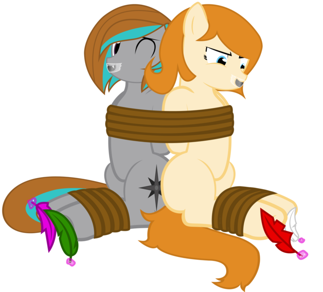 Size: 1412x1276 | Tagged: suggestive, artist:cardshark777, derpibooru import, oc, oc:copper moon, oc:silver star, unofficial characters only, bat pony, earth pony, pony, bondage, bound and gagged, clothes, duo, feather, gag, image, png, simple background, sock gag, socks, tape, tape gag, tickling, tied up, transparent background