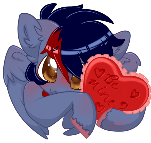 Size: 1393x1314 | Tagged: safe, alternate version, artist:apieceofmii, derpibooru import, oc, oc:dawn chaser, unofficial characters only, pegasus, pony, blushing, bust, collar, colored hooves, commission, cute, digital art, eyebrows, eyebrows visible through hair, folded wings, hair over one eye, heart, heart pillow, hearts and hooves day, holiday, image, looking at you, male, male oc, pegasus oc, pillow, png, pony oc, shoulder blush, shy, simple background, smiling, solo, stallion, stallion oc, two toned mane, unshorn fetlocks, valentine's day, white background, wings, ych result