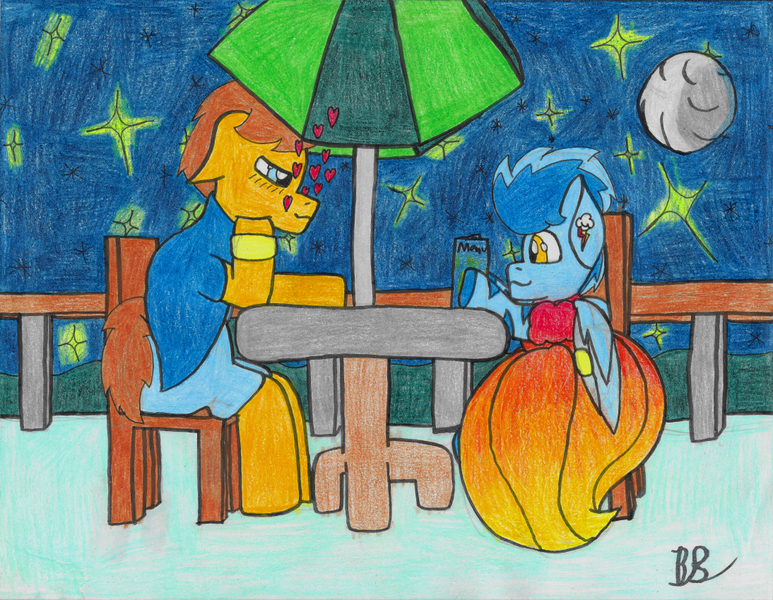Size: 1094x849 | Tagged: safe, artist:acid flask, derpibooru import, oc, oc:bold action, oc:film wheel, unofficial characters only, earth pony, pegasus, pony, zebra, blushing, chair, clothes, coat, colored, colored pencil drawing, crossdressing, date, dinner, dress, duo, duo male, ear piercing, earring, floating heart, gay, happy, heart, high res, holiday, image, in love, jewelry, male, married, married couple, menu, moon, night, pants, piercing, png, railing, ring, shirt, signature, size difference, smiling, stallion, stars, table, traditional art, umbrella, valentine's day, zebra oc