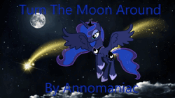 Size: 1280x720 | Tagged: safe, artist:annomaniac, artist:user15432, derpibooru import, princess luna, alicorn, pony, animated, cloud, flying, image, link in description, moon, music, night, night sky, shooting star, sky, smiling, solo, sound only, stars, webm, youtube link