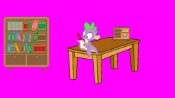 Size: 1078x603 | Tagged: safe, screencap, spike, dragon, series:mlp animation's short films, series:spike's lucky day, bookshelf, image, jpeg, radio, solo, table, writing