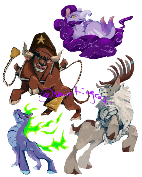 Size: 640x800 | Tagged: safe, artist:smirkingcat, derpibooru import, bull, deer, dragon, hybrid, longma, reindeer, them's fightin' herds, antlers, baihe (tfh), bell, community related, image, mane of fire, nidra (tfh), png, rope, simple background, stronghoof hoofstrong (tfh), tail, tail of fire, tapir, texas (tfh), white background