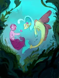 Size: 1280x1683 | Tagged: safe, artist:megalura, derpibooru import, pinkie pie, princess skystar, earth pony, fish, pony, seapony (g4), my little pony: the movie, algae, bubble, coral, crepuscular rays, digital art, duo, duo female, female, fin wings, fins, fish tail, flower, flower in hair, flowing mane, flowing tail, g4, heart, helmet, holiday, image, jewelry, lesbian, looking at each other, looking at someone, mare, necklace, ocean, open mouth, open smile, pearl necklace, png, scales, seaweed, shipping, signature, skypie, smiling, smiling at each other, sunlight, swimming, tail, underwater, valentine, valentine's day, water, wings
