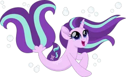 Size: 2463x1500 | Tagged: safe, artist:cloudyglow, derpibooru import, edit, vector edit, starlight glimmer, pony, seapony (g4), unicorn, my little pony: the movie, adorable face, blue eyes, bubble, cute, dorsal fin, edited vector, eyelashes, female, fish tail, flowing mane, flowing tail, horn, image, looking up, movie accurate, open mouth, open smile, png, purple mane, seaponified, seapony starlight glimmer, simple background, smiling, solo, species swap, tail, transparent background, vector