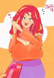 Size: 1400x2000 | Tagged: safe, artist:sozglitch, derpibooru import, sunset shimmer, human, big breasts, box of chocolates, breasts, cleavage, emanata, female, floating heart, hands together, heart, holiday, huge breasts, humanized, image, jpeg, nail polish, offscreen character, open mouth, open smile, pov, signature, smiling, solo focus, valentine, valentine's day