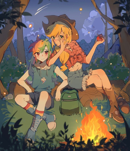 Size: 1800x2100 | Tagged: safe, artist:xinjinjumin3316237, derpibooru import, applejack, rainbow dash, human, equestria girls, appledash, campfire, female, grass, humanized, image, jpeg, lesbian, outdoors, shipping