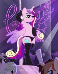 Size: 3000x3854 | Tagged: suggestive, artist:ghostpikachu, derpibooru import, princess cadance, alicorn, pony, semi-anthro, base used, belly, bipedal, clothes, club, collar, dancing, female, g4, high res, image, mare, panties, party, png, pole, pole dancing, sexy, socks, solo focus, spotlight, spread wings, stockings, stripper pole, thigh highs, underwear, wings