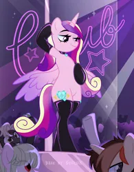 Size: 3000x3854 | Tagged: safe, alternate version, artist:ghostpikachu, derpibooru import, princess cadance, alicorn, pony, semi-anthro, base used, bipedal, clothes, club, collar, dancing, g4, high res, horn, image, party, png, pole, pole dancing, sexy, socks, solo focus, spotlight, stockings, stripper pole, thigh highs, wings