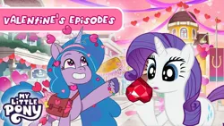 Size: 1280x720 | Tagged: safe, derpibooru import, izzy moonbow, rarity, pony, unicorn, g5, my little pony: tell your tale, secret of my excess, spoiler:g5, spoiler:tyts01e44, 2d, cover, curious, g4, gem, happy, heart, holiday, huh, image, jpeg, secret ad-mare-er, smiling, valentine's day, wondering, youtube, youtube thumbnail